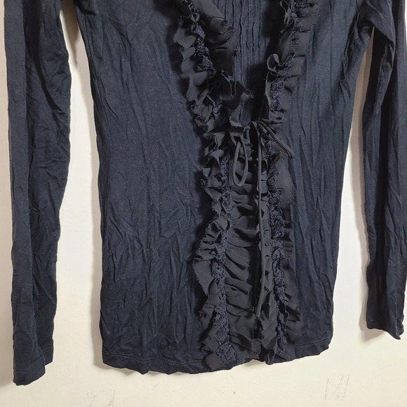 Black Lace Ruffled Long Sleeve Top M Romantic Goth Dark Whimsical Slinky Witchy - Picture 2 of 9